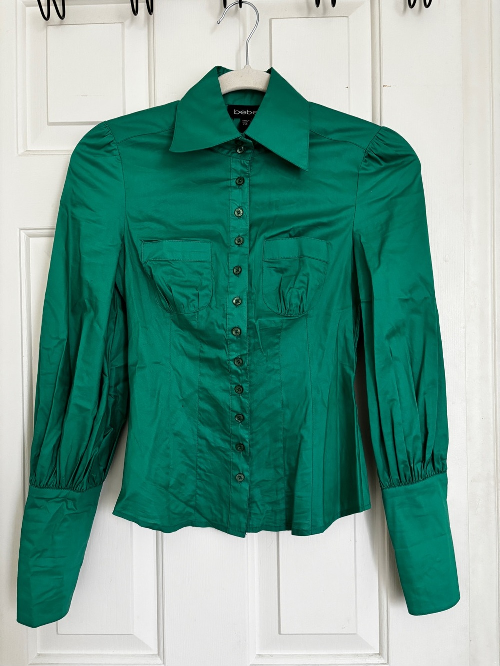 Bebe Deep Green Cotton Nylon Spandex Blend Button-Up Collared Blouse